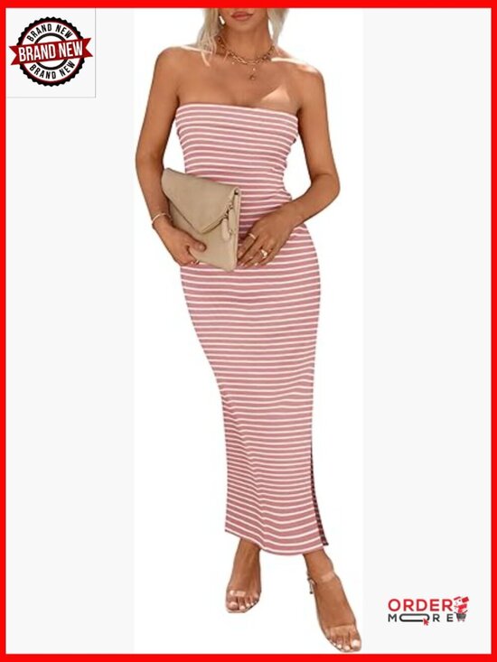 Dresses & Skirts - Bodycon Maxi Tube Dress Ribbed Strapless Side Slit Casual Party